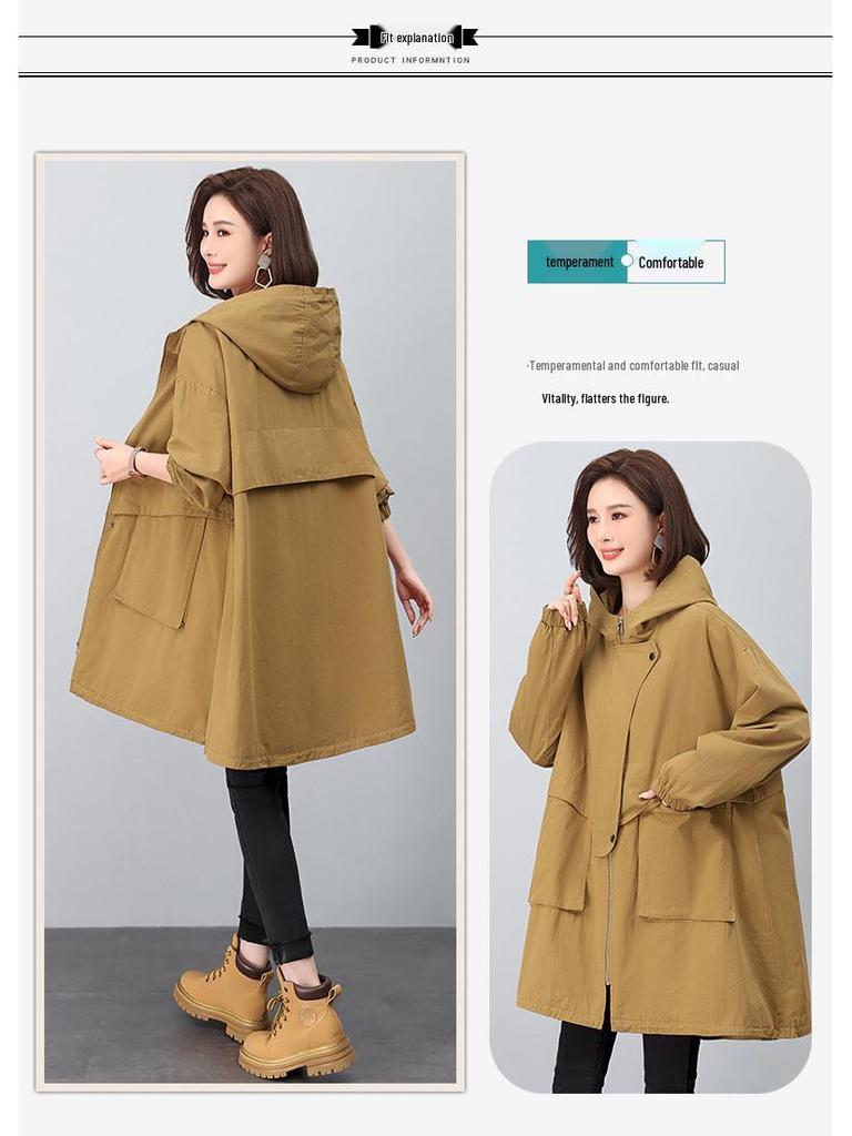 2024 Plus-Size Mid-Length Hooded Trench Coat for Women: Loose, Casual, and Fashionable Spring/Autumn Style Outerwear for Moms.