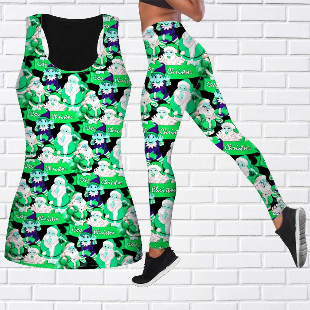 Lila Weihnachtsmann-Druck-Yoga-Outfit für Damen, modische Workout-Leggings, Fitness, Sport, lässige Yoga-Hose