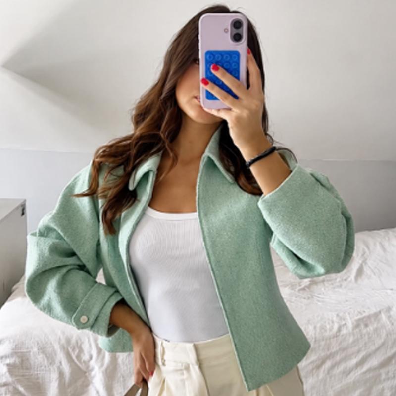 Cropped Tweed Jacket Women's Jacket Demi-Season Zip-Up Long Sleeve Mint Green Outerwear Streetwear Coats