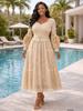 Elegant European & American Lace Hollow Long Party Dress with Wide Hem & Belt (2026)
