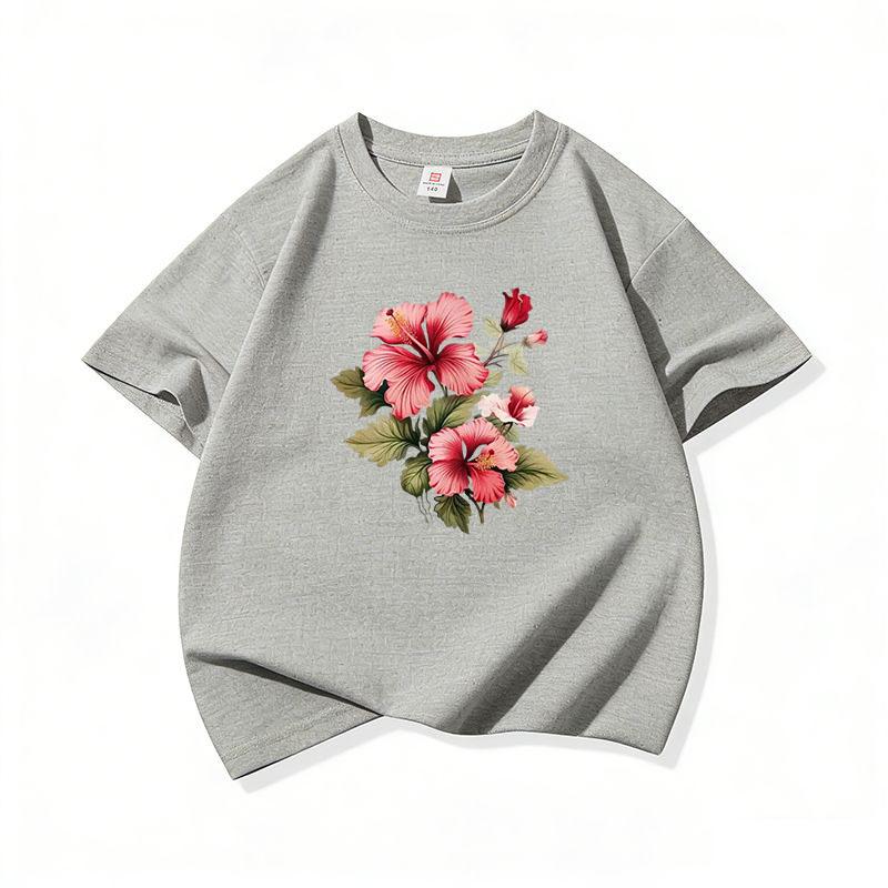 Kids Cotton T Shirt Pink Hibiscus Flower Print Crew Neck Short Sleeve Tee Casual Breathable Boys Girls Summer Tops