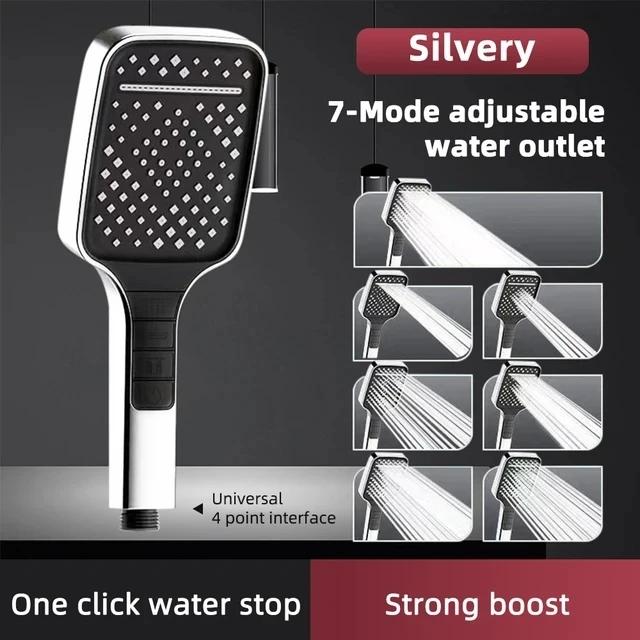 1Pc Powerful Square Showerhead, 8 Modes Adjustable Showerheads, One-Key Stop Water High Pressure Sprayer, High-Flow Bath Shower