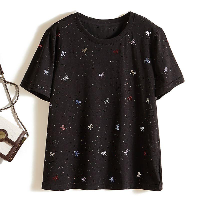 

Color Bow Water Soluble Diamond Decoration! Women s Summer Stretch Cotton Yarn Breathable Pullover Short-Sleeved T-shirt Huge Easiest for Match Black L