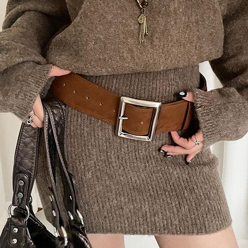 

Корейская версия женского широкого ремня, Искусственная замша анти-замша, Квадратная пряжка с пином, Пояс-печать с простым пальто No specification коричневый