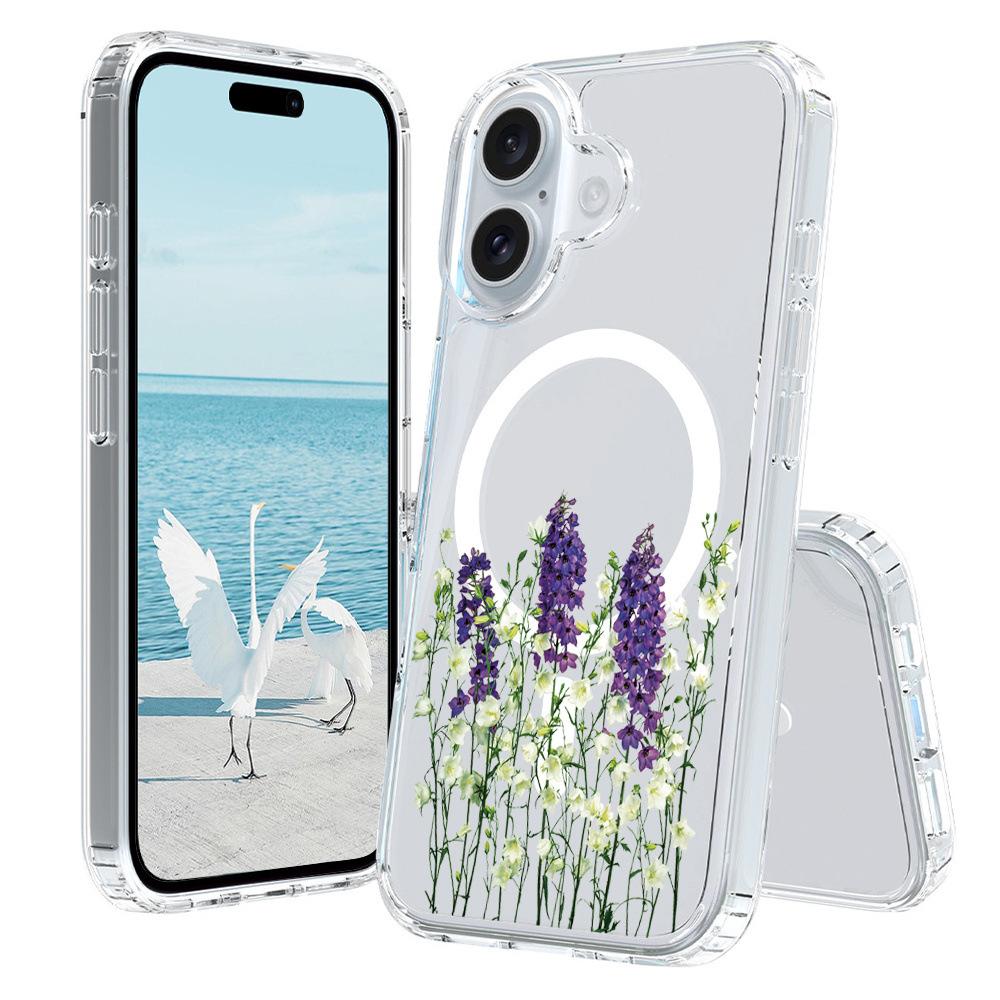 For iPhone 16 Plus Case Compatible with MagSafe Flower Pattern Printing TPU+PC Phone Cover