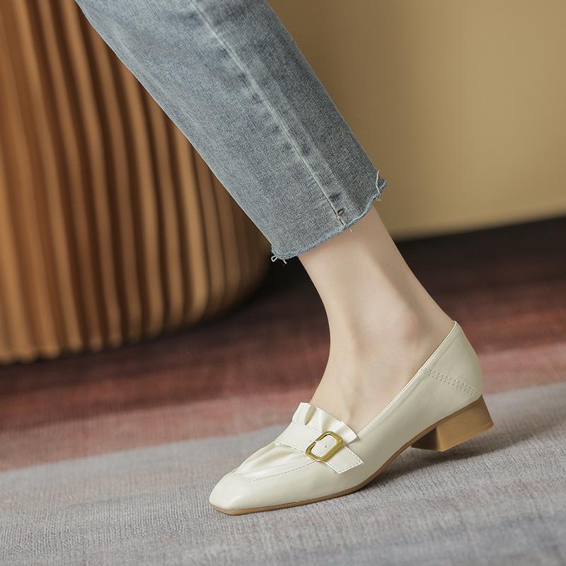

Square head thick heel single shoes women s autumn square buckle pleated versatile light mouth middle heel grandma shoes women s metal square buckle 35