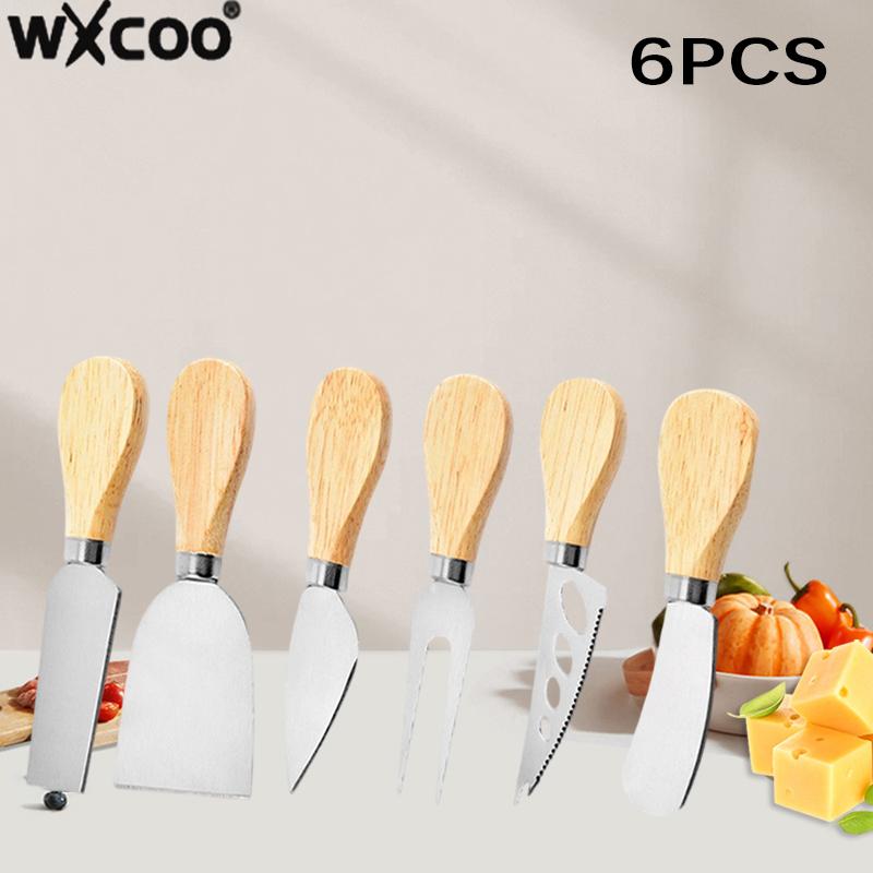 1~6 Stück Käsemesser Set Edelstahl Käseschneider Hobel Holzgriff Butter Brot Gabel Messer Kochen Küchenhelfer