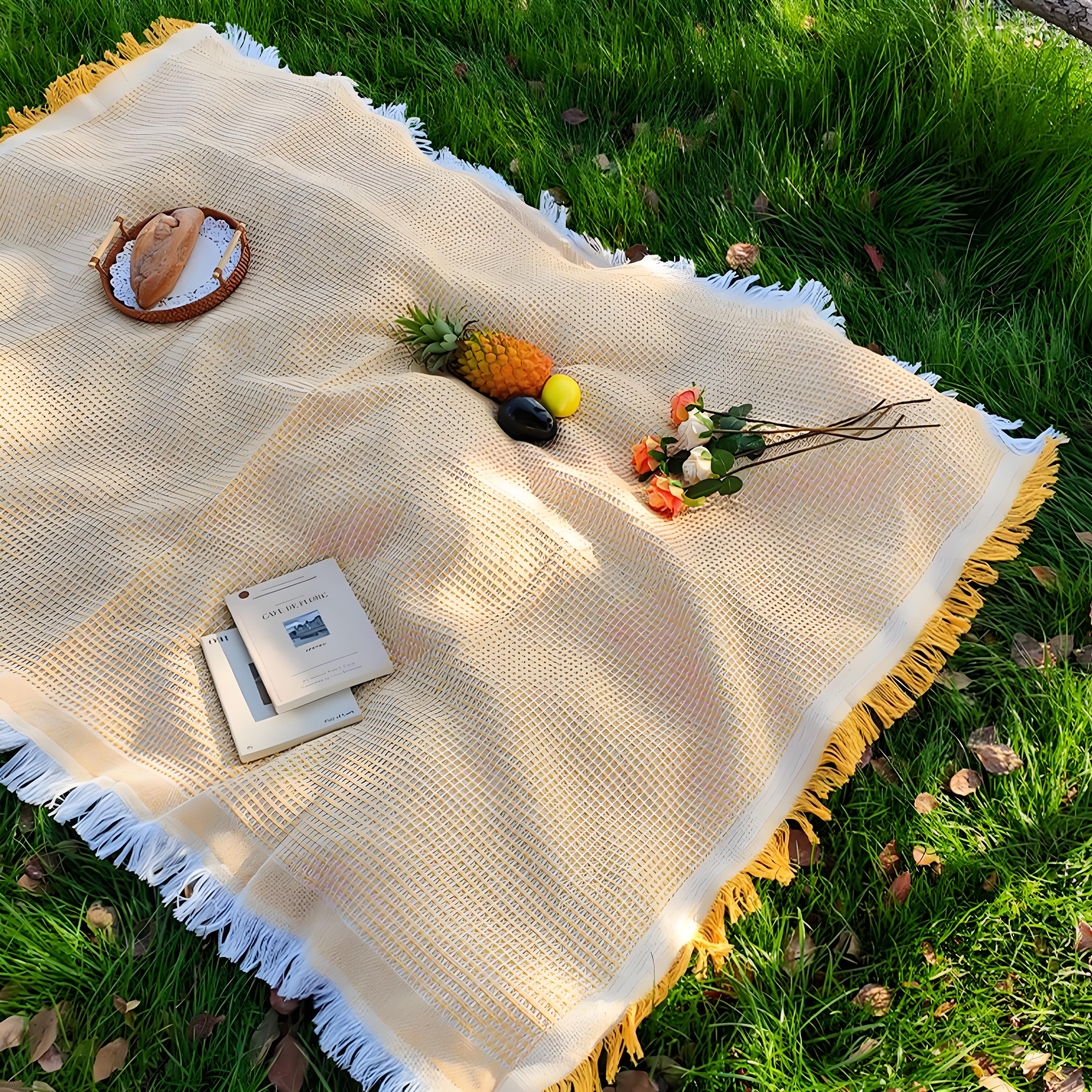 

Cotton Blend Portable Picnic Mat with Tassel Dustproof Outdoor Camping Mat Soft Sofa Blanket Camping Accessory бежевый