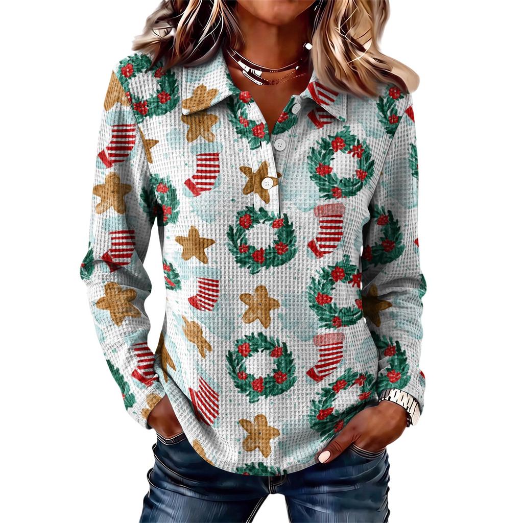 Women's Fashion Casual Button Front Long Sleeve Christmas Top with Collar