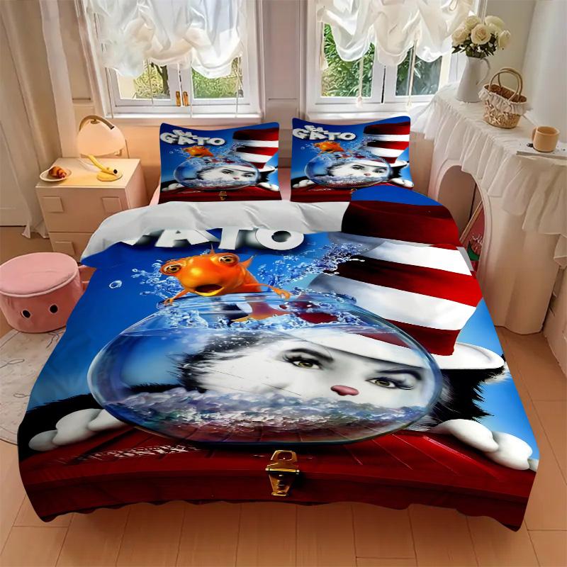 Cat Fish Print 3Pcs Bedding Set,Duvet Cover with 2 Bedro,Pillowcase Home Birthday Gift