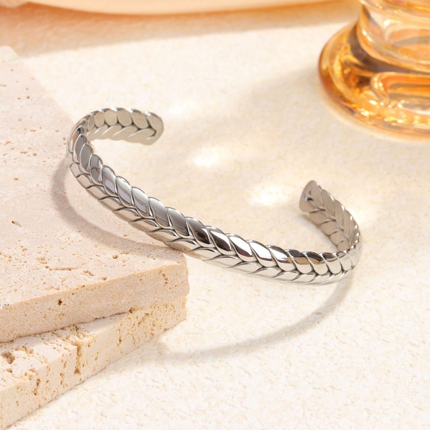 

Классический браслет из нержавеющей стали с узором «колосок пшеницы», простой и модный женский браслет с регулируемым открытием по индивидуальному заказу серебряный