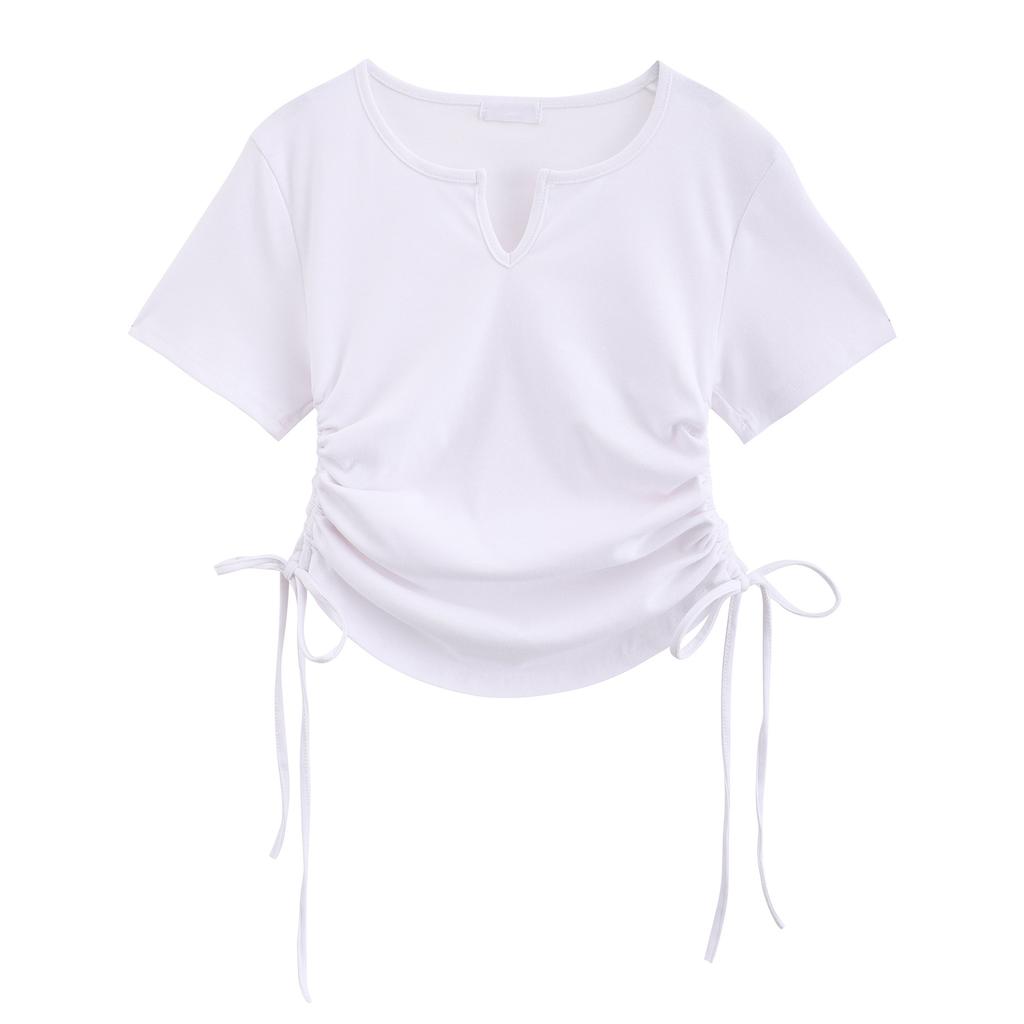 Design-sensual Drawstring Slim Short-sleeved T-shirt with Waist-exposed Sweet and Spicy Style Women's Summer New Sweet Shoulder Top