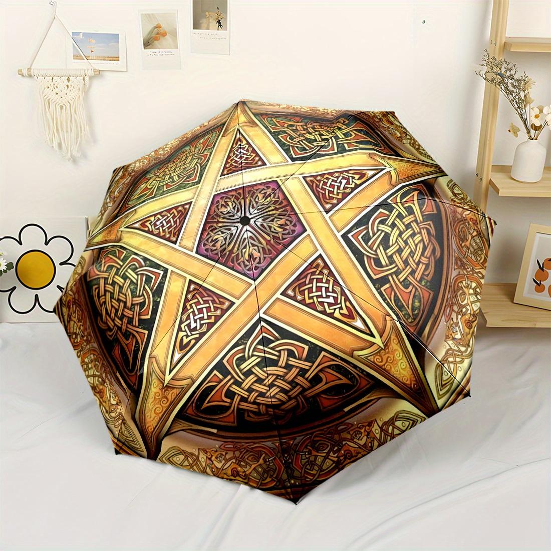 

1pc Automatic Open/Close Umbrella with Celtic Knot & Celtic Celtic Celtic Interlace Design - Golden & Brown Five-Pointed Star (as the picture,Iron&8K)