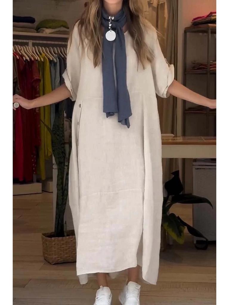 2025 Damen Sommer Locker Lässig Einfarbig Kurzarm Baumwolle Leinen Kleid