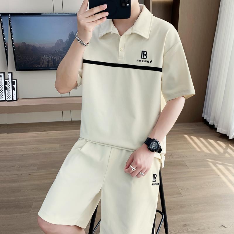 Short-sleeved T-shirt Lapel POLO Shirt Shorts Suit Men's Quarter Pants Thin Breathable Ice Silk High-quality Two-piece Set