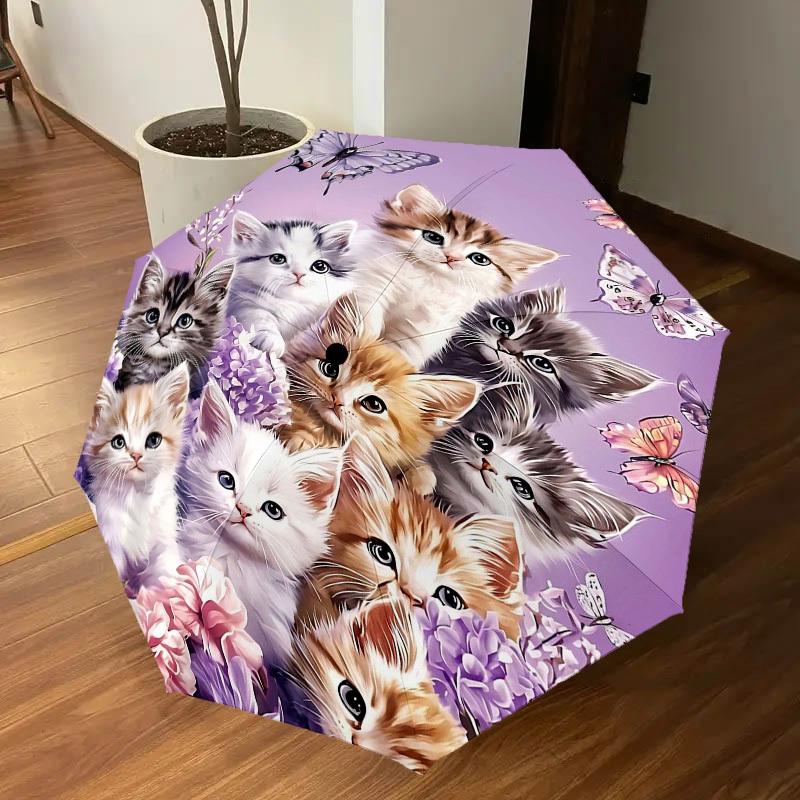 1PC Kittens Flowers Umbrella-8-Rib Reinforced Portable Folding Travel Suitable for All Seasons Outdoor Daily Use  -J0390