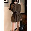 Elegant Korean-Style Waist-Cinched Tweed Top and Stand Collar Brown Knit Dress for Women, Spring 2026