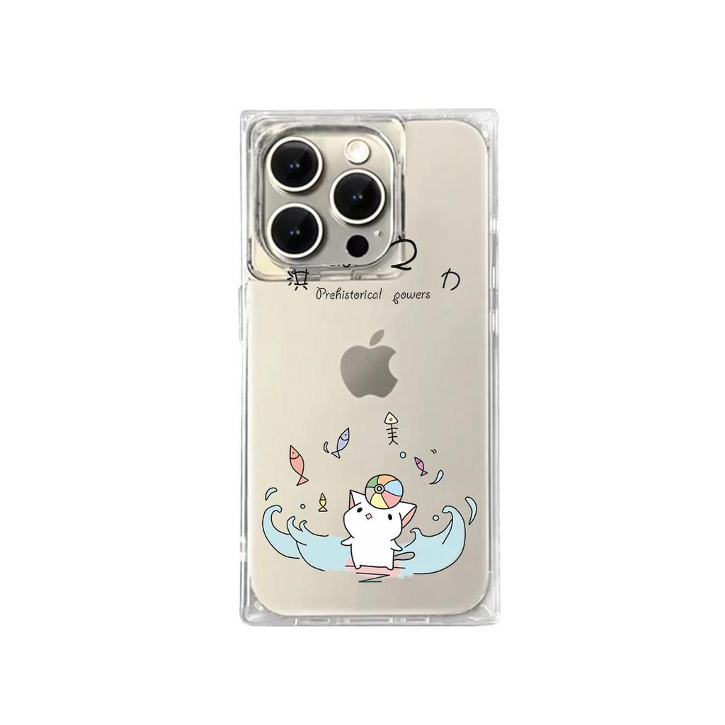 Clear Square Back Tube Case Protection For iPhone 14 Pro Max 13 16 ProMax 12 15 Plus 11 Rowing Cat Pattern