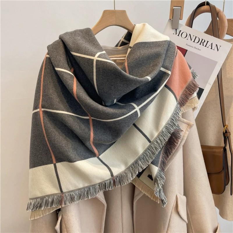 Warm Thick Wool-Blend Scarf With Tassels Soft Faux Cashmere Square Shawl Women Winter Office Daily Wear