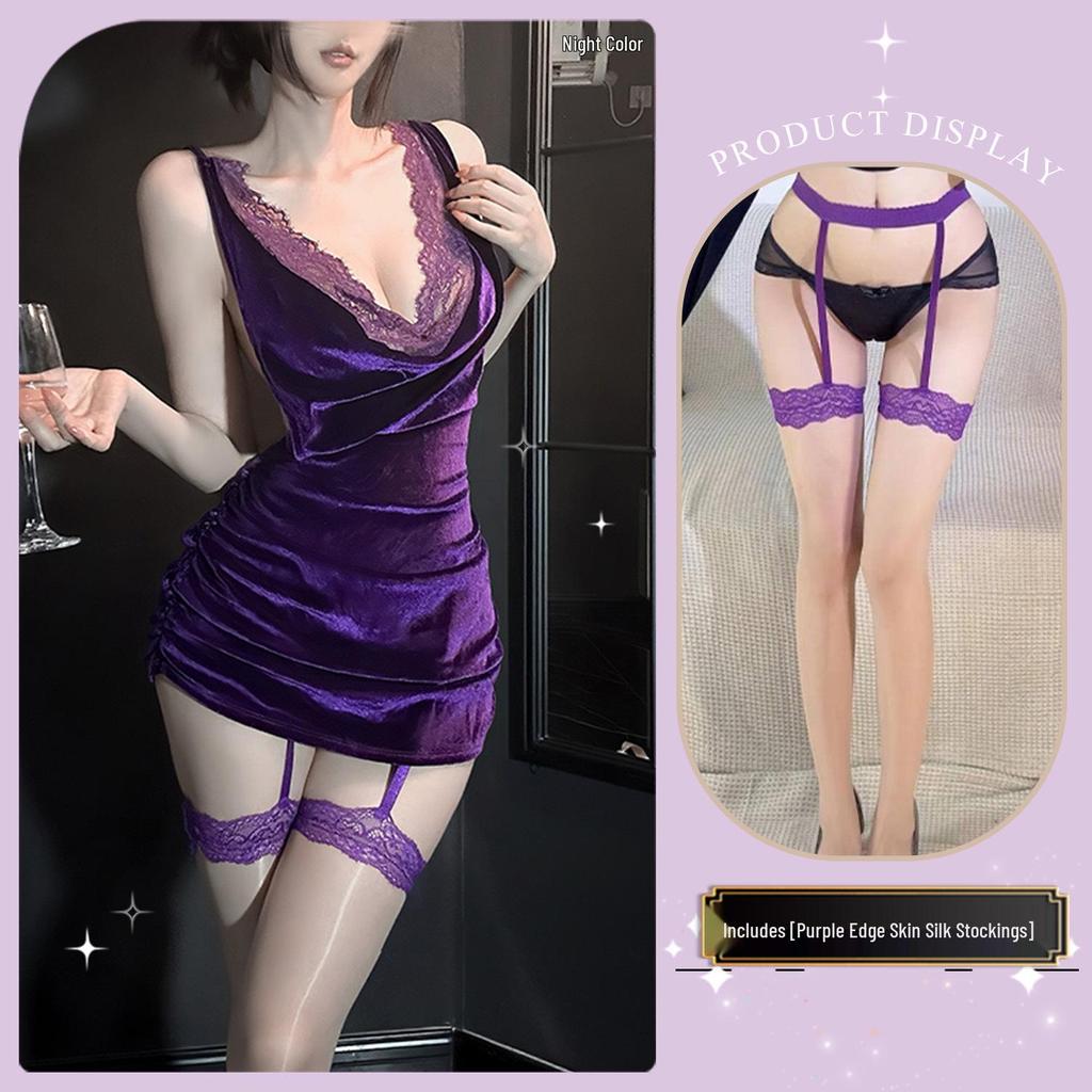 Golden Night Lace Lingerie Set - Sexy Hip-Hugging Temptation Nightgown