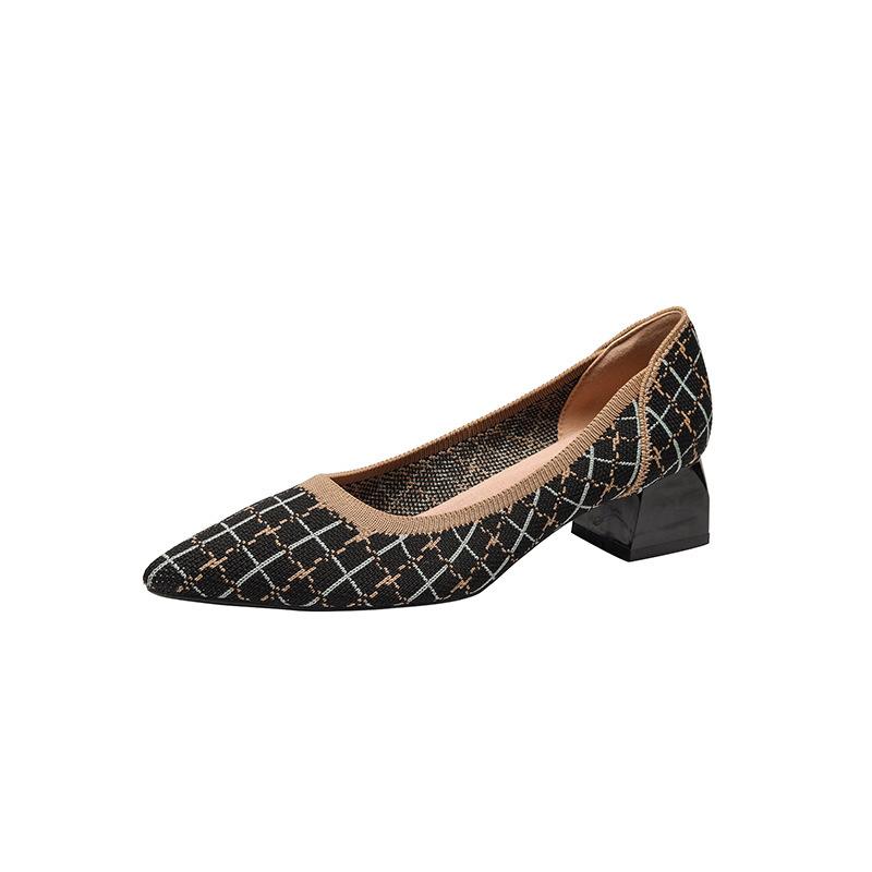 Single Shoes Women's New Mid-heel Light Mouth Thick Heel Pointed Fly-woven High-heeled Woven Shoes