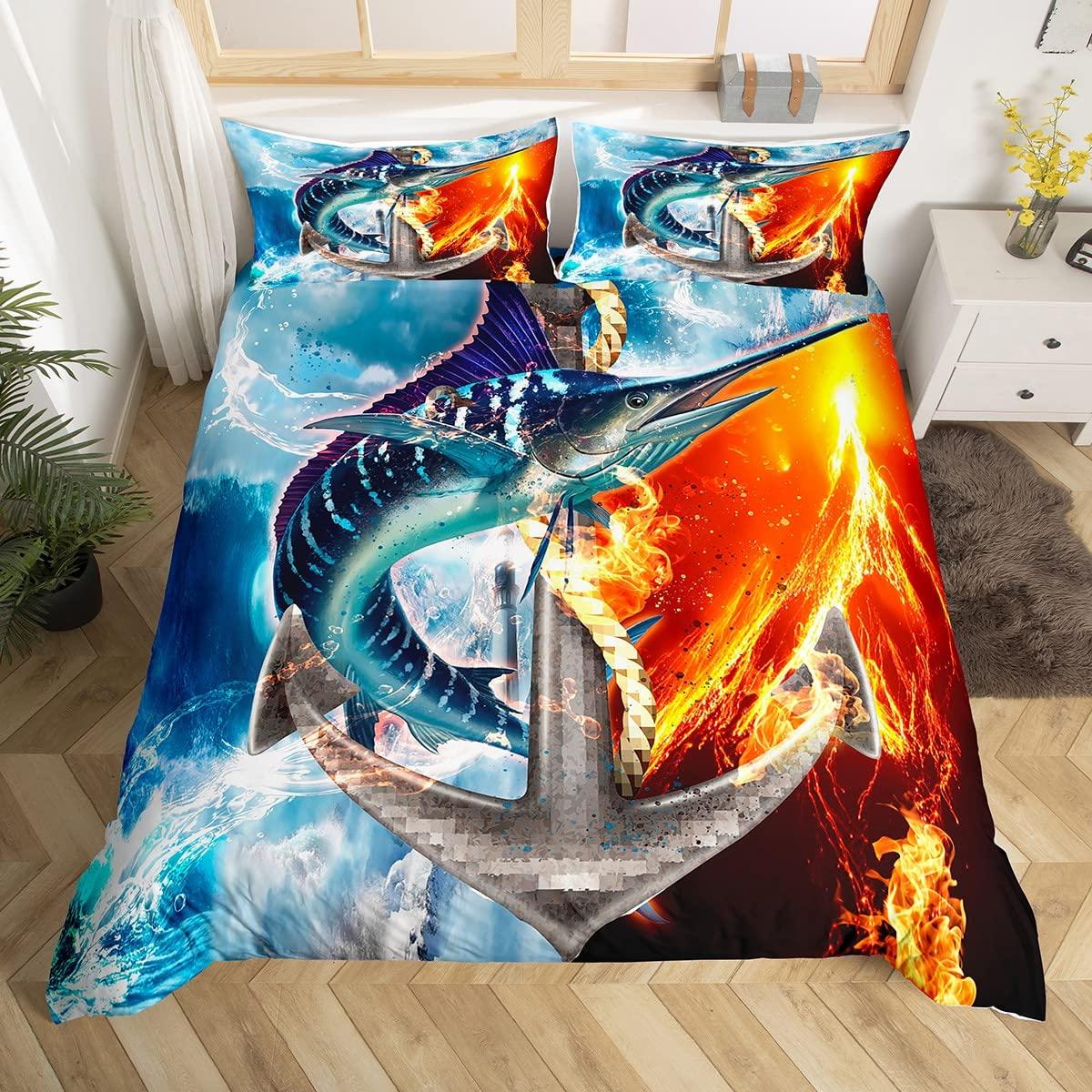 

Marlin Swordfish Duvet Cover Set Hunting Fishing Bedding Set Tie Dye Sea Fishing Boat Marine Life Nautical Comforter Cover Queen EU single(135x200cm)