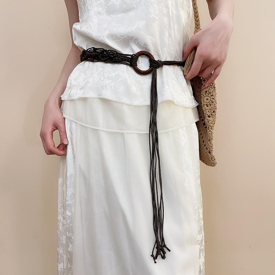 Vintage ethnic wind wood bead woven fringed waist chain bohemian belt clothing