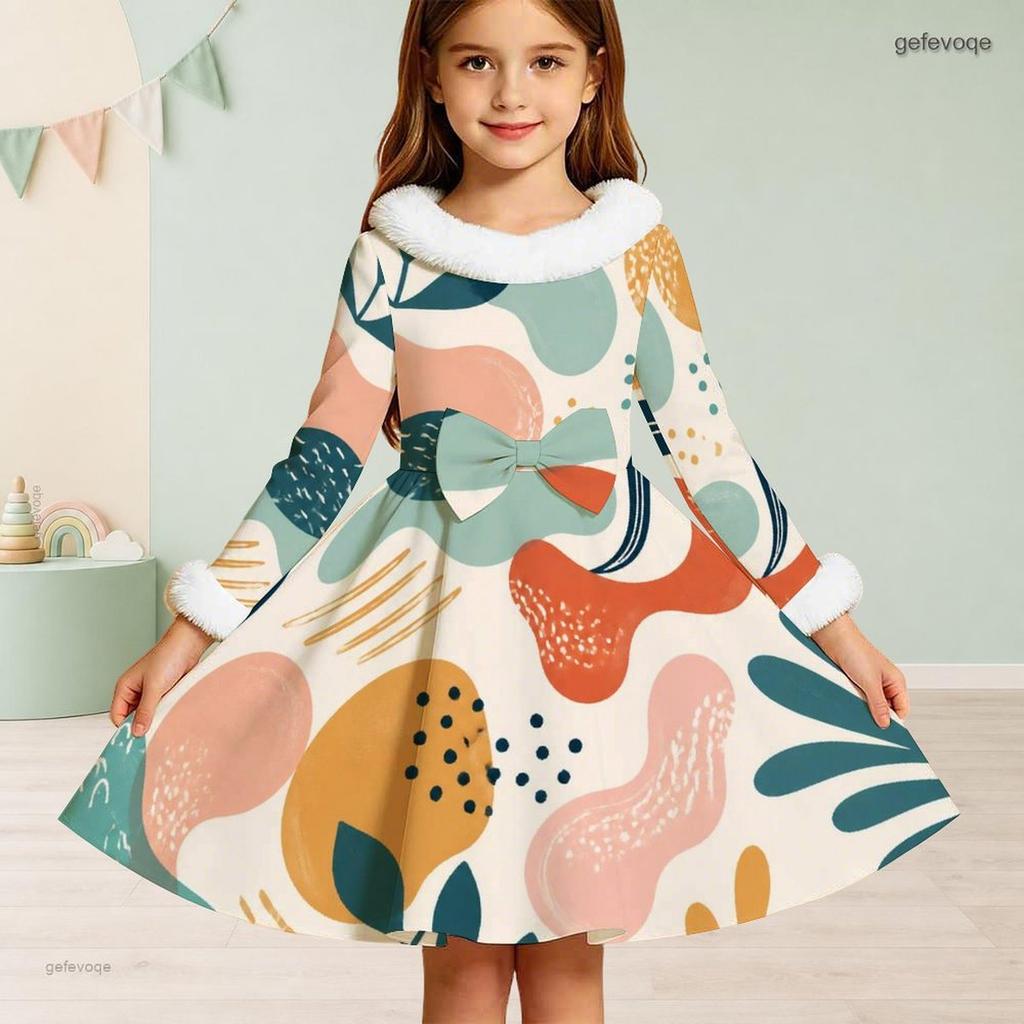 Girls Furry Trim High Neck Long Sleeve Printed Tie Waist A Line Flared Dress