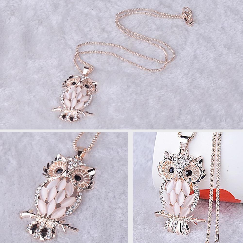 Ladies Crystal Rhinestone Opal Owl Naszyjnik Długi łańcuszek Biżuteria