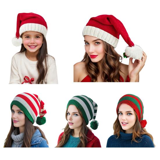 Santa Hat Red White Green Striped Print Knitted Christmas Hat with Plush Ball Decor Holiday Accessory