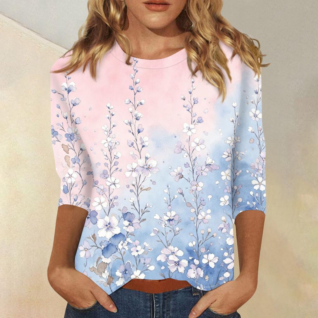 Womens Casual Floral Print Three Quarter Sleeve Round Neck Top Lightweight Comfortable Fit Soft Fabric Blouse for Everyday Wear