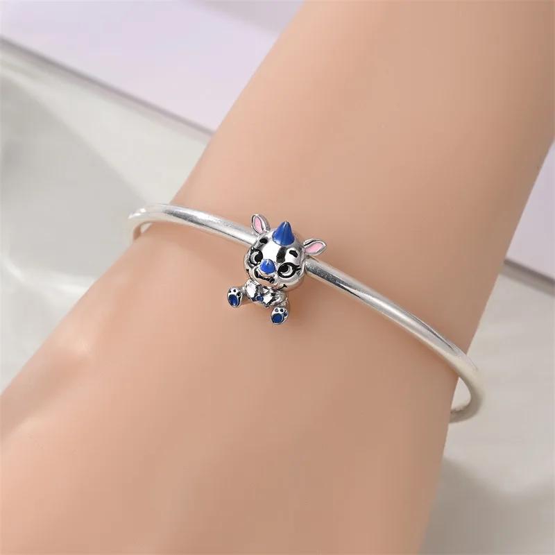 Charms Original Copper Plated Blue Rhinoceros Animal Beads Fit Bracelet Diy Fine Gift Women Delicate Jewelry