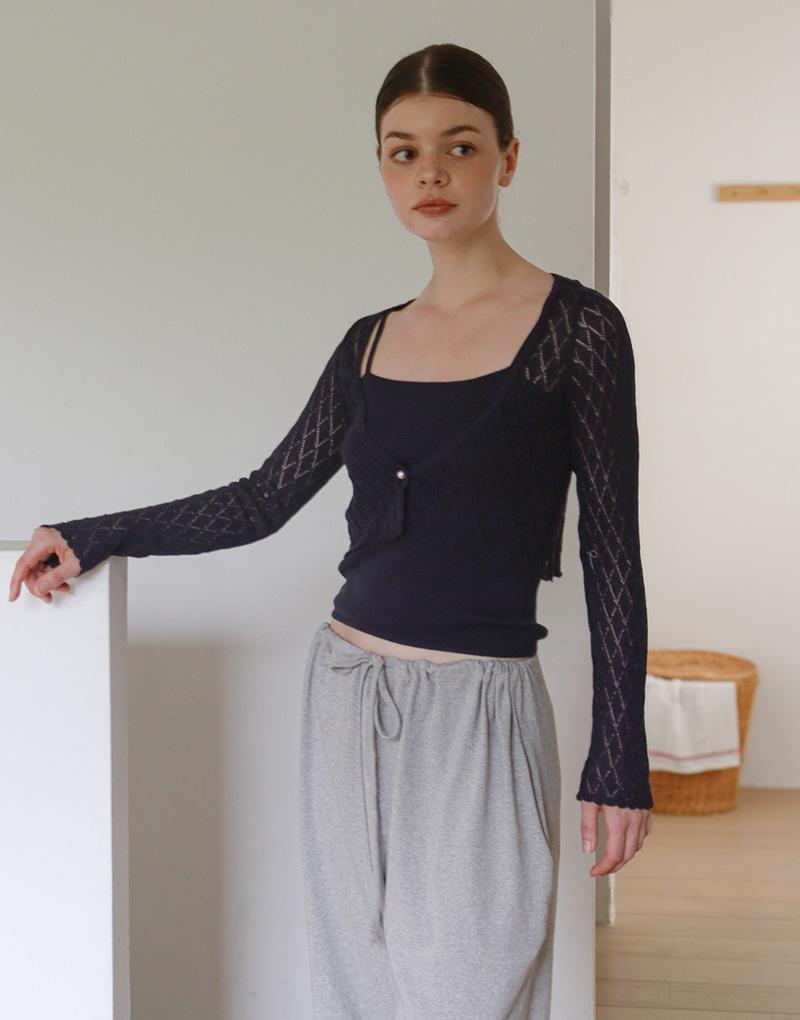 Amaps Diamond Pattern See-Through Summer Top & Cardigan Set - Navy Purchase Sleeveless Set