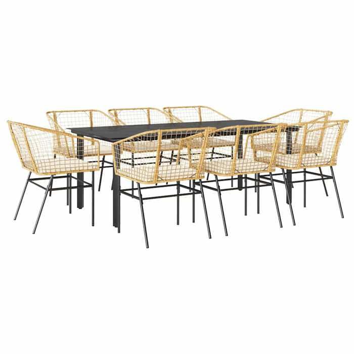 VidaXL Ensemble à manger jardin coussins 9pcs marron poly rotin verre, ensemble de salle à manger d'extérieur 3334610