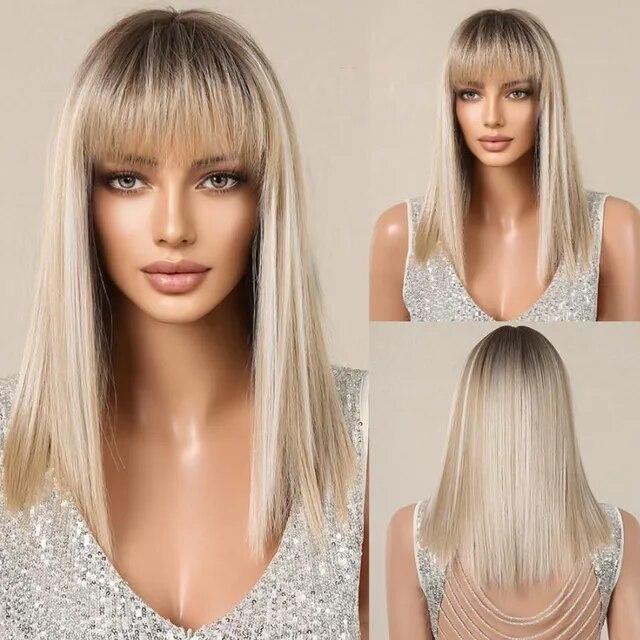 Peruci sintetice drepte maro închis de lungime medie cu breton pentru femei Perucă netedă cu aspect natural din fibră rezistentă la căldură