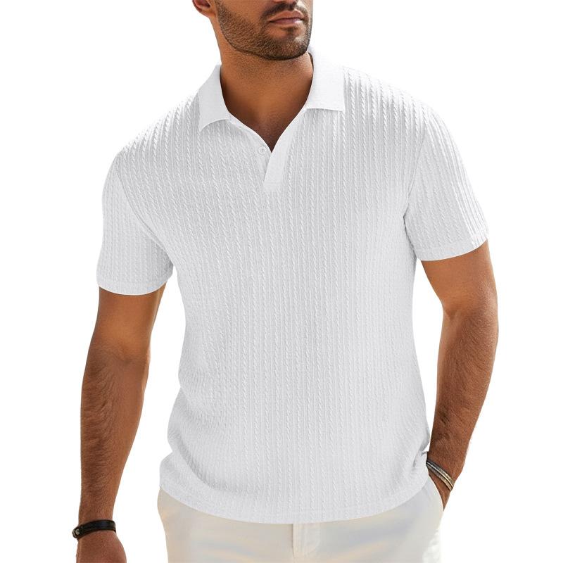 Men's Textured Vertical Stripe Lapel Polo Shirt Breathable Loose Quick-Dry Short Sleeve.