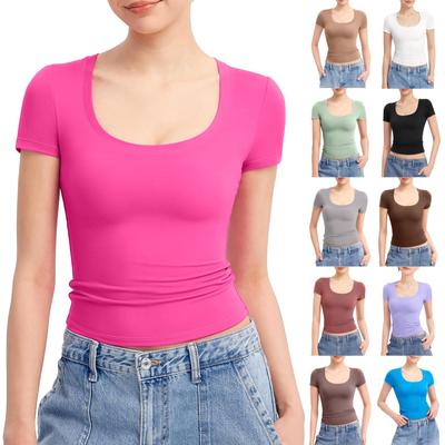 Kadın Seksi Kısa Kollu O Yaka Tişörtler Slim Fit Dışarı Çıkma Üstleri