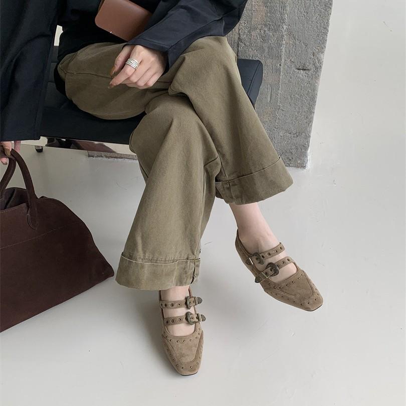 Punk Style Niche Double Buckle Belt Inner Height Increase Square Head Suede Mary Jane Shoes Women's Rivets Shallow Mouth Single Shoes