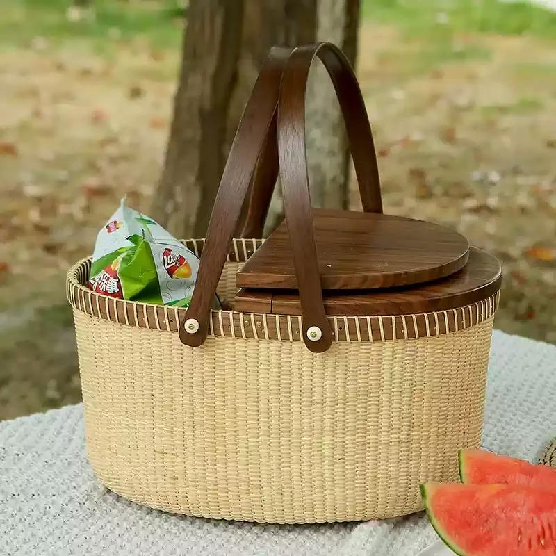 Natural Rattan Storage Box Double Open Lid Shopping Basket Multifunctional Vegetable Container Outdoor Convenience Picnic Basket