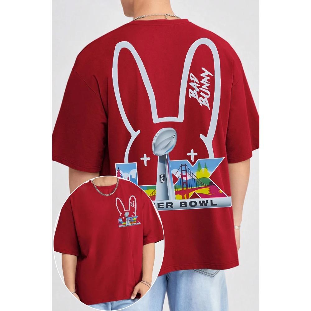 Bad Bunny x Super Bowl LIX San Francisco Oboustranné Oversized Tričko, Unisex Streetwear Tričko pro Fanoušky Latinské Hudby & NFL, 100% Bavlna, Ležérní Krátký Rukáv