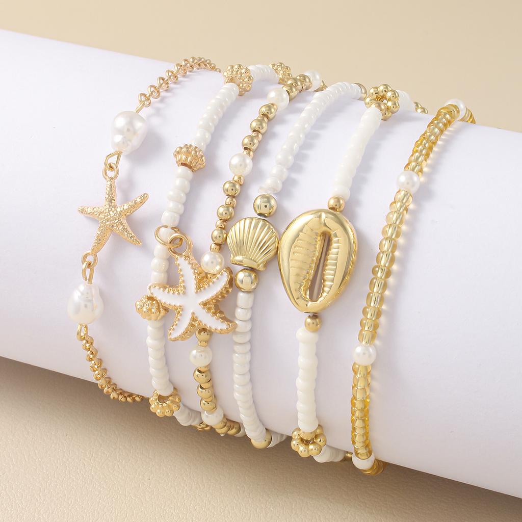 Bohemian Shell Starfish Bead Bracelet Set for Women Fashion Summer Beach Multilayer Stacked Bracelets Party Jewelry Gifts