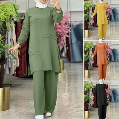 Women's Two Piece Sets Shirt Dress &Pants Women Muslim Suits Shirt Blouse Moroccan Kaftan Islamic Dress Wide Leg Pants Sets