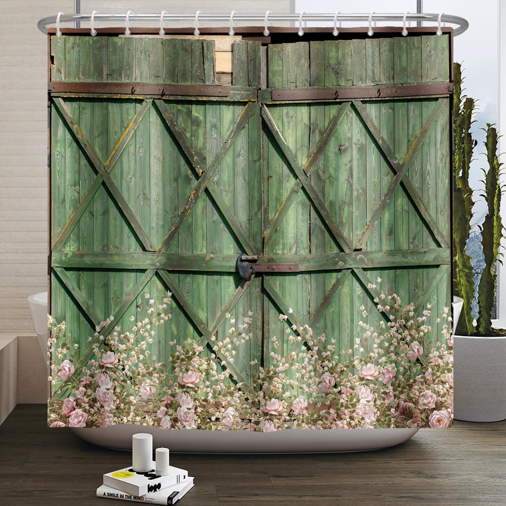 Retro Wood Door Shower Curtain Farmhouse Country Vintage Farm Barn Wooden Waterproof Polyester Shower Curtain for Bathroom Decor