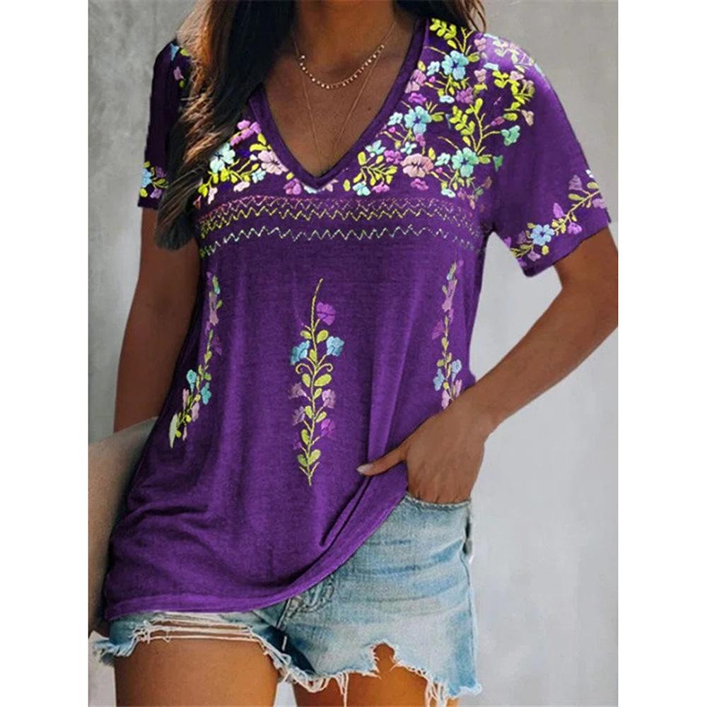 T-shirt Women Summer Floral Printing V-neck Short Sleeve Ethnic Style Women's Tshirts