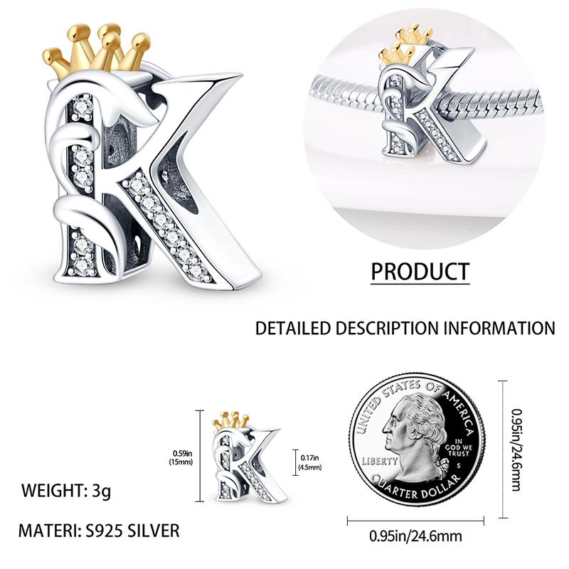 26 Alphabet Charms Beads Copper Letters Rose Gold Plated Crown Charm Fit 3Mm Bracelet Diy Women Jewelry