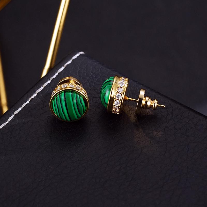 Boucles d'oreilles puces en Zircon Malachite incrusté - Minimaliste Luxe Léger, Design Vintage pour Femmes