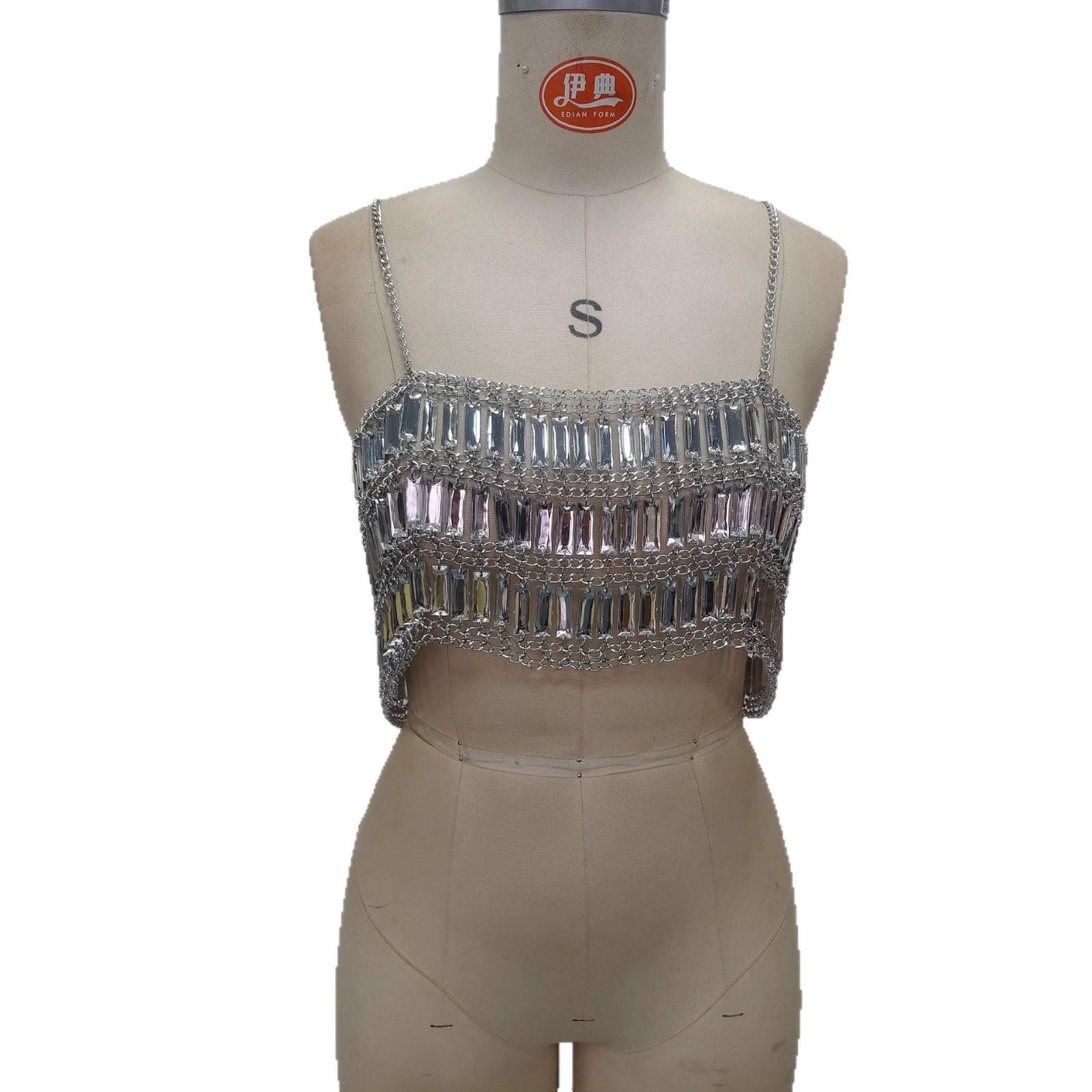 2026 New Multi-layer Acrylic Sequins Top Body Chain Bra for Women Luxury Rhinestone Body Bralette Chest Chain Bikini Jewelry серебряный