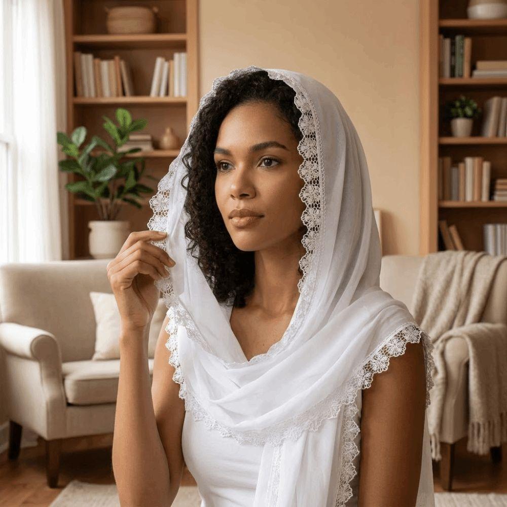 Solid Color Wedding Hijab Lace Trim Cathedral Veil Vintage Bridal Headscarf Church Ceremony