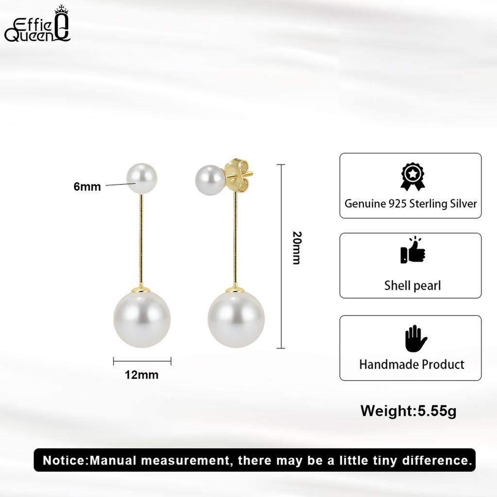 Effie Queen 100% 925 Sterling Silver 14k Gold Two Round Shell Pearl Drop Earrings Beach Jewelry for Women Summer Beach Ear PSE04