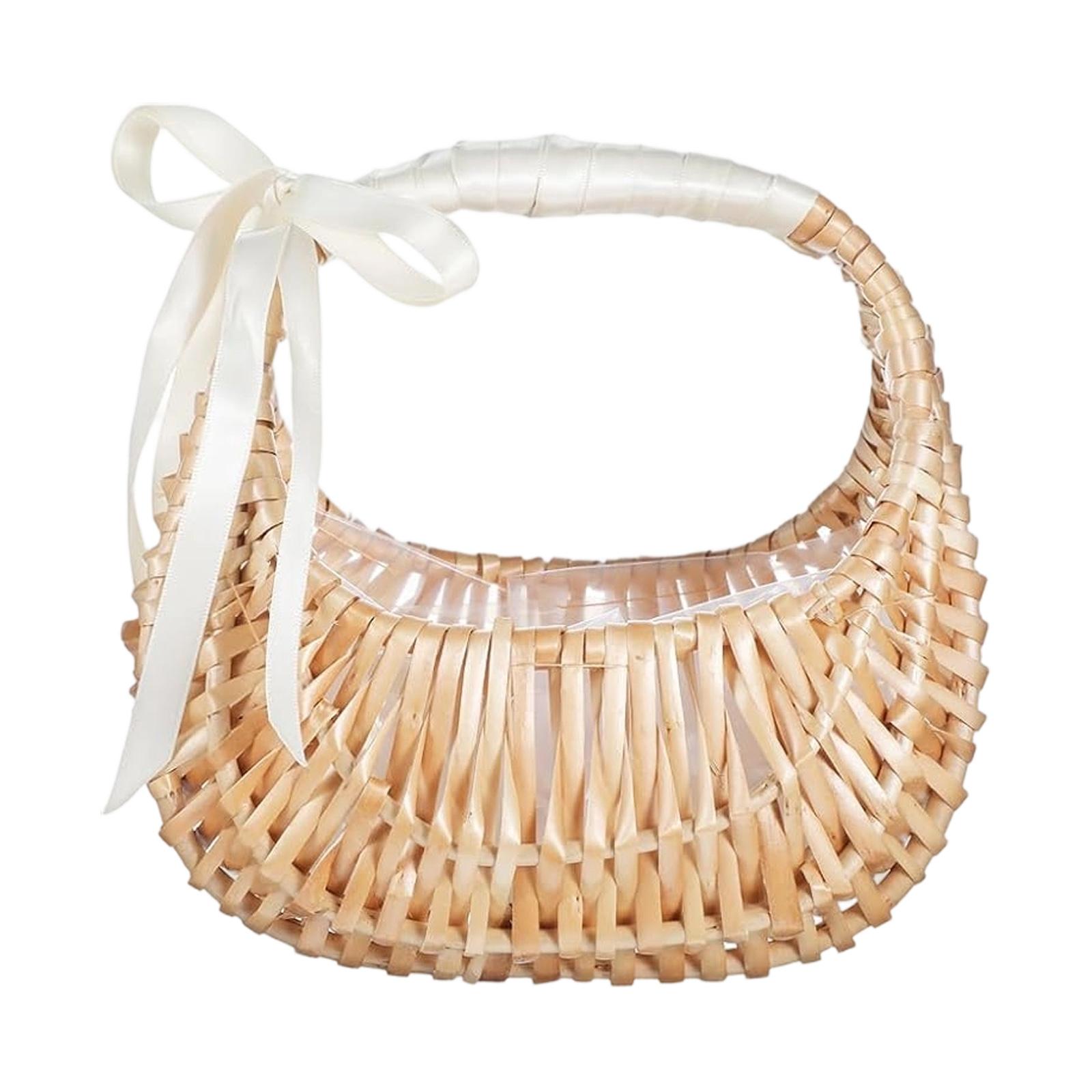 Flower Girl Basket Small Wicker Basket With Handle, Easter Petal Candy Storage Basket, Garden Home Decoration Half Moon Flower Weaving Basket One Size